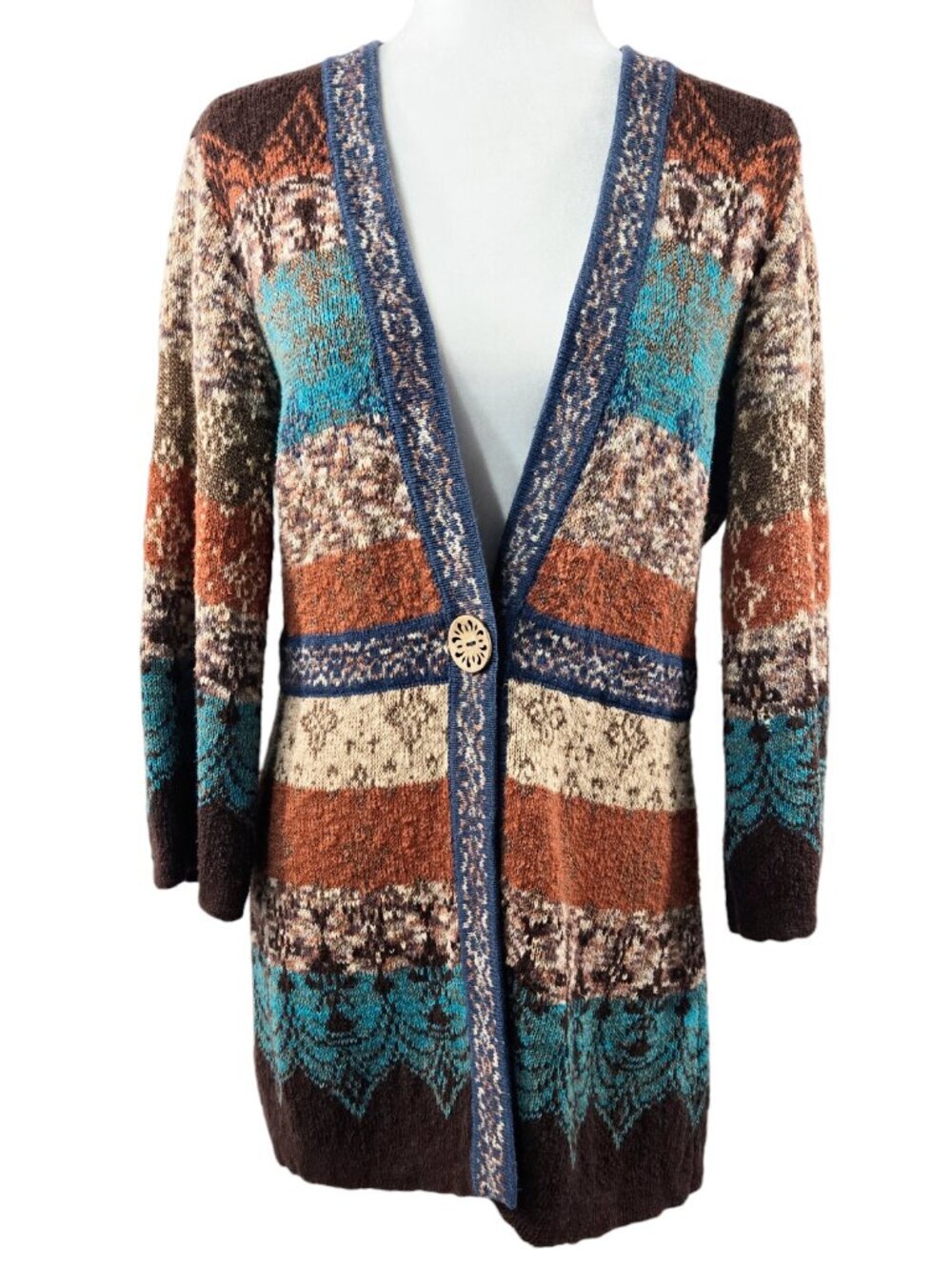 Coldwater Creek Multicolor Stripe V-Neck Longline Cardigan Boho Earthy Tribal